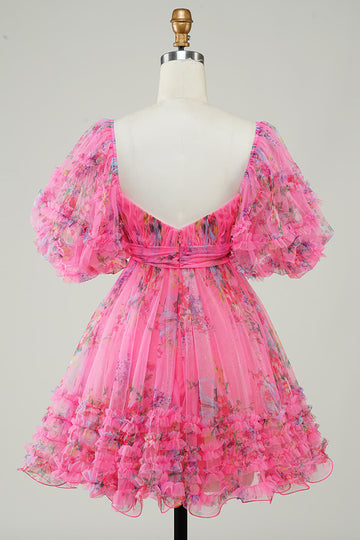 Hot Pink Printed Cute Homecoming Dress med sløyfe